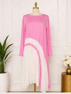 Women's Pink and White Long Sleeve Colorblock Dress